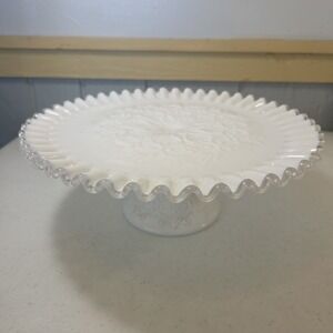 Vintage Fenton Silver Crest Spanish Lace White Milk Glass Pedestal Cake Stand